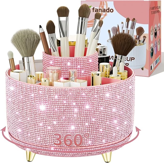 Bling Diamond Makeup Brush Holder, 360° Rotating Makeup Organizer, 5 Slot Make up Brushes Cup for Countertop, Storage for Cosmetics Pen Eyeliner Skincare on the Vanity (Diamond Pink)