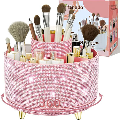 Bling Diamond Makeup Brush Holder, 360° Rotating Makeup Organizer, 5 Slot Make up Brushes Cup for Countertop, Storage for Cosmetics Pen Eyeliner Skincare on the Vanity (Diamond Pink)