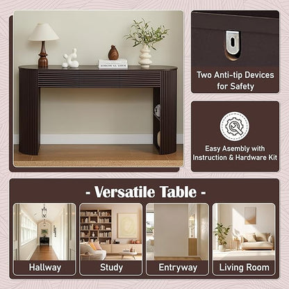 Retro Console Table with Storage, Rounded Console Table with 3 Drawers and 1 Table-Leg Niche, Round Slat Aesthetic for Entryway, Living Room, Hallway (Espresso-X306)