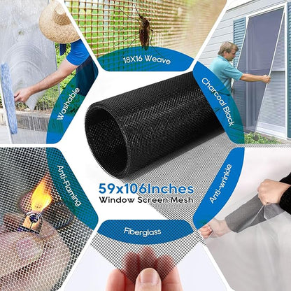 King&Charles Window Screen Door Repair/Replacement Kit, Include Black Screen Mesh 59"x106"+ 2 Roller+50Ft Spline+8Clips+Hook, 6 in 1 Window Mesh Kit, Steel/Nylon Bearing Roller