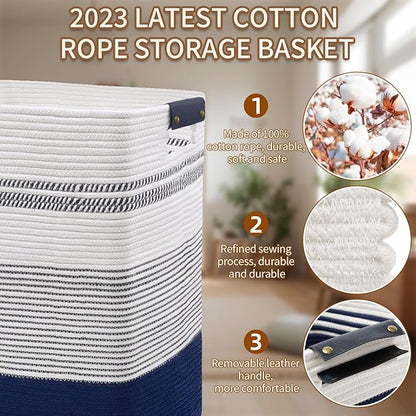 DOFASAYI Laundry Basket - 85L Large Woven Baskets for Storage - Cotton Rope Laundry Hamper, Decorative Storage Basket for Blankets, Clothes Hamper for Living Room, Bedroom, Dark Blue & White