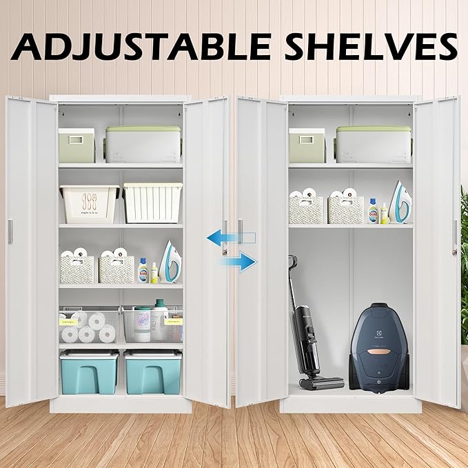 CMY Metal Storage Cabinet with Locking Doors and 5 Adjustable Shelves, 71” Tall Steel Storage Cabinets for Garage, Home Office, Pantry (White)