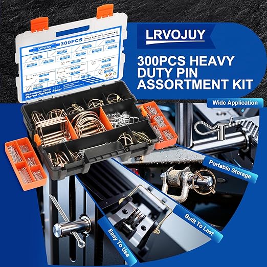 300PCS Heavy Duty Pin Assortment Kit, Tractor Linch Pins Hitch Pins PTO Pins R Clips Cotter Pins Hair Pins Square Pins for Trailers, Trucks, Lawn Mowers, Farm & Garden Equipment