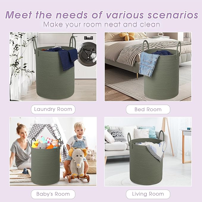 Large Laundry Basket,Laundry Hamper,15''x18'' Cotton Rope Storage Basket with Handles,baby hamper,Nursery Blanket Storage Living Room,toy basket,kids laundry(Green)