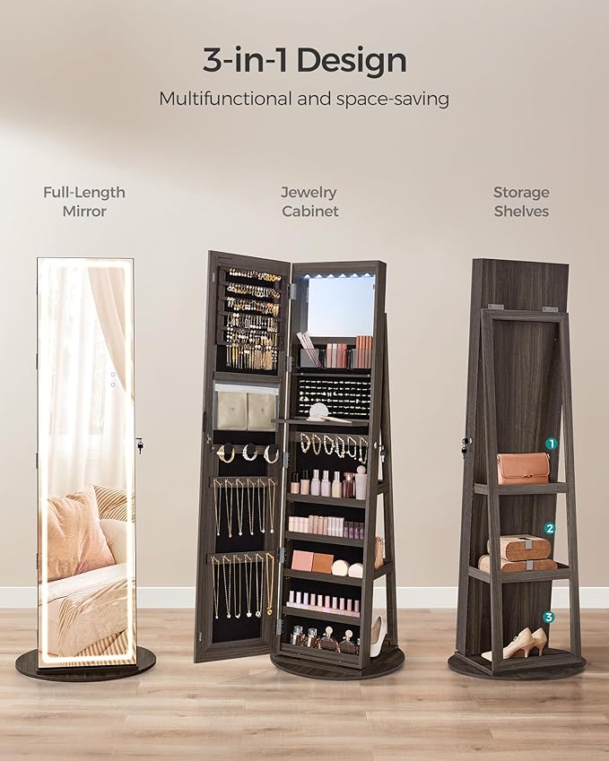 SONGMICS LED Jewelry Cabinet Standing, Lockable Armoire With Full-Length Mirror and Adjustable Lights, Space-Saving Organizer, Gift Idea, Ash Brown UJJC008K02