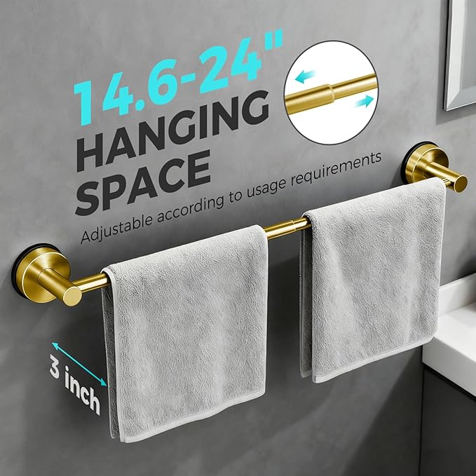 Adjustable Suction Cup Towel Bar for Bathroom Wall,14.6Inch~24 Inch Towel Racks for Bathroom,Stainless Steel Bath Towel Holder for Shower,2 Pack(Brushed Gold)