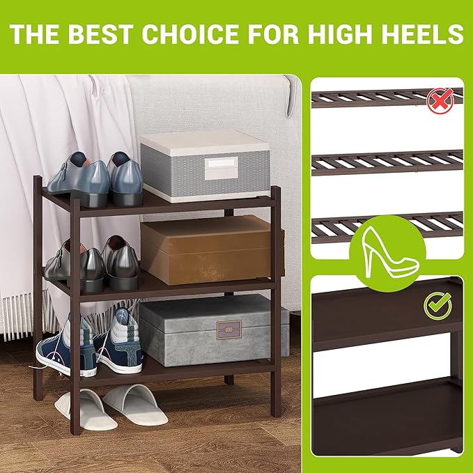 BMOSU 3-Tier Bamboo Small Shoe Rack Premium Stackable Shoe Shelf Storage Organizer for Hallway Closet Living Room Entryway Organizer(Brown)