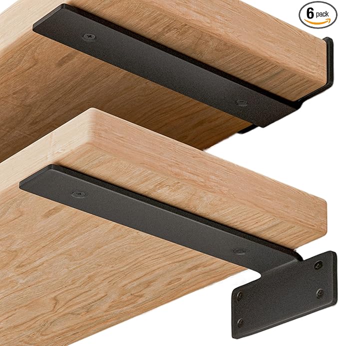 Shelf Brackets Floating Shlef Brackets 12-Inch 6-Packs, 1/5-Inch Thick Heavy Duty Shelving Brackets for Wood Shelves, 12" Hidden Black Metal L Bracket Shelf Bracket Supports with 160 Lbs Load Capacity