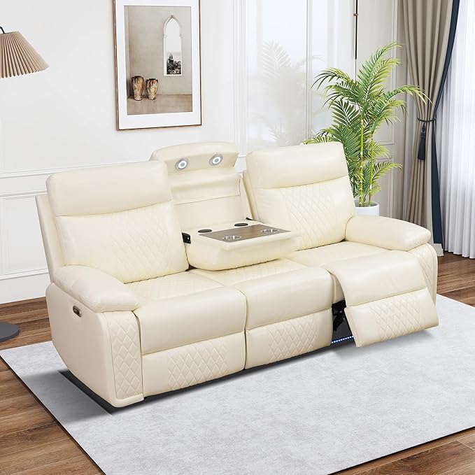 3 Seat Recliner Sofa for Living Room,Living Room Furniture Sets Recling Couch with LED,Soft Beige Leather Power Reclining Sofa with Cup Holders,Storage,Breathing Leather for Home/Office