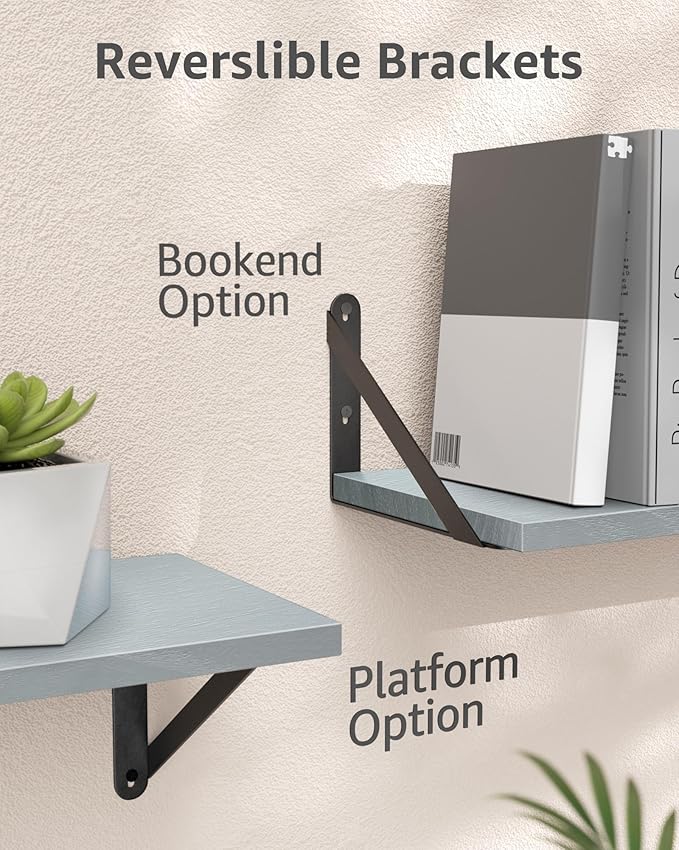 Wall Shelves 7.3" Deep Set of 3, Solid Paulownia Wood Wider Longer Sturdy Easy to Install Wall Mounted Bookshelves Storage Shelves Bathroom Home Office Laundry Room Bedroom Organizer Gray