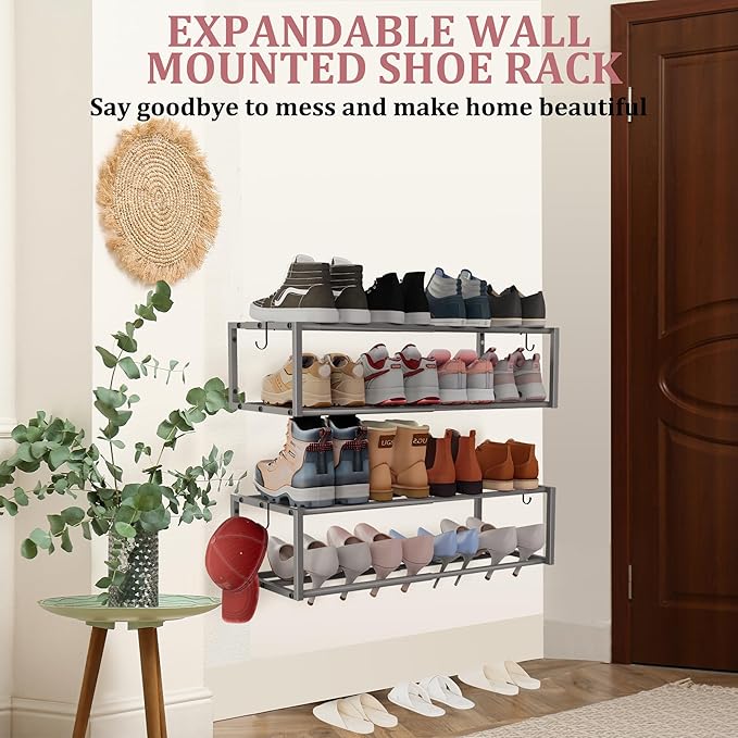 2 Pack Expandable Wall Mounted Shoe Rack, 17"-31" Adjustable Hanging Shoe Rack Holds 16 Pairs, Heavy Duty Metal Shoe Holder with 4 Storage Hooks, Space Saving for Entryway Closet Doorway（Grey）