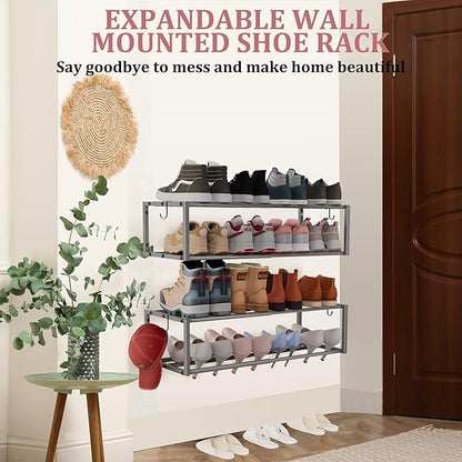 2 Pack Expandable Wall Mounted Shoe Rack, 17"-31" Adjustable Hanging Shoe Rack Holds 16 Pairs, Heavy Duty Metal Shoe Holder with 4 Storage Hooks, Space Saving for Entryway Closet Doorway（Grey）