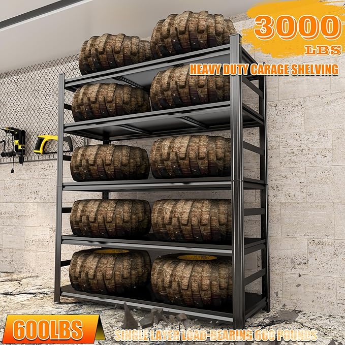 Heavy Duty Metal Garage Shelving Unit, 5 - Tier Adjustable Storage Shelves, 3000LBS for Garage & Basement, Kitchen and Pantry Industrial Steel Rack, Ideal for Tool Organization & Storage, Black,73"H