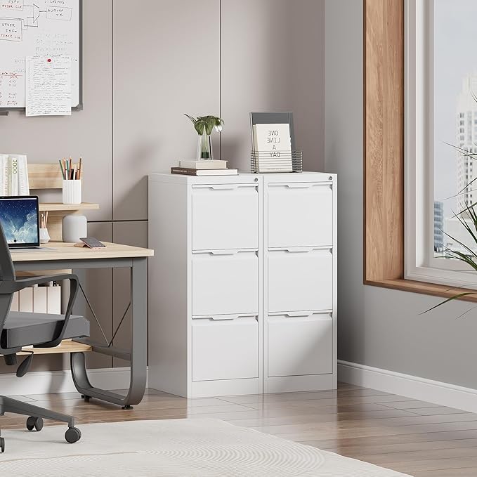 3 Drawer File Cabinet with Lock, White Vertical Filing Cabinets for Home Office, Locking Metal File Cabinet for Letter/Legal/A4/F4 Size, Assemble Required