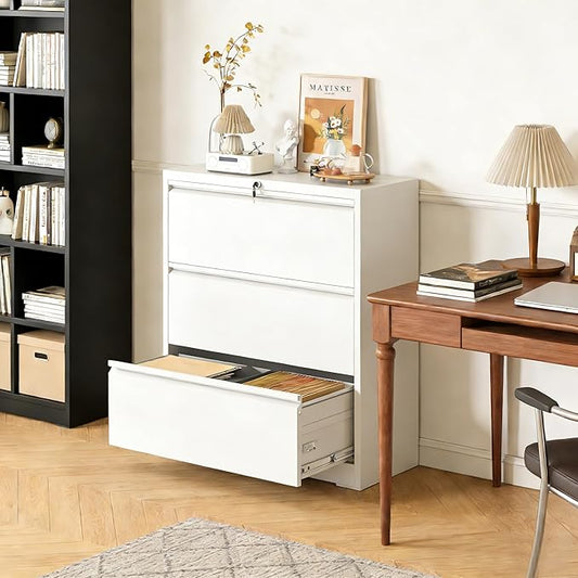 3 Drawer Lateral File Cabinet with Lock, Metal Lateral Filing Cabinet for Home Office, Steel Wide Horizontal Filing Cabinets for Letter/Legal/A4/F4 Hanging Files (White)