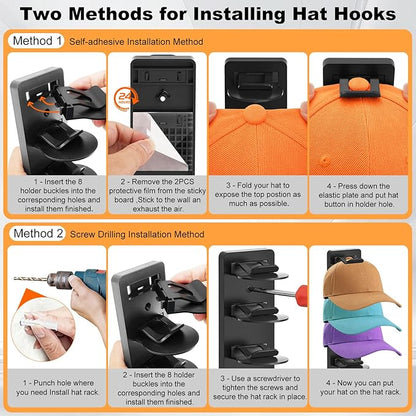 4 Pack Hat Organizer for Baseball Caps, Hat Rack for Wall, Strong Adhesive & Screw-in Cap Holder hat hangers for Closet Door & Bedroom