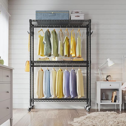 VIPEK R2 Plus Heavy Duty Rolling Garment Rack 3 Tiers Adjustable Wire Shelving Clothes Rack with Double Rods and Side Hooks, Freestanding Wardrobe Storage Rack Metal Clothing Rack, Black
