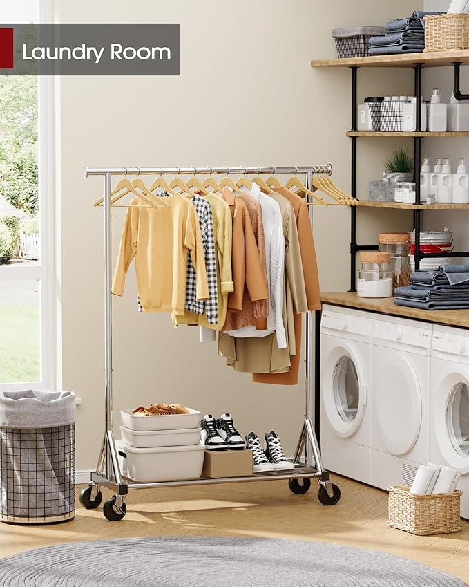Stainless Steel Rolling Clothes Rack with Mesh Shelf, Lockable Wheels & Anti-Slip Stoppers, Freestanding Clothing Organizer for Bedroom, Laundry Room, 42.5" x 16.5" x 65.9", Silver
