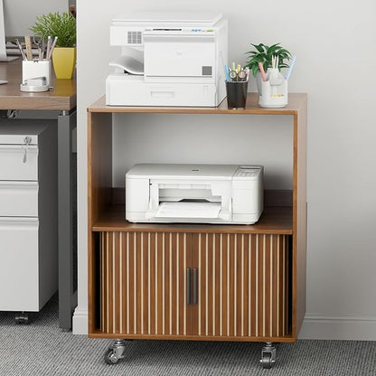 Printer Stand with Storage, File Cabinets with Sliding Doors, Rolling Printer Cart Under Desk with Open Storage Shelf for Home Office, Workspace (Walnut, 23.62" L)