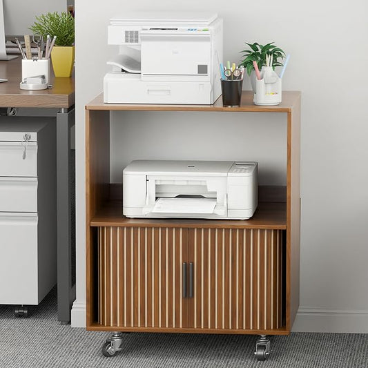 Printer Stand with Storage, File Cabinets with Sliding Doors, Rolling Printer Cart Under Desk with Open Storage Shelf for Home Office, Workspace (Walnut, 23.62" L)