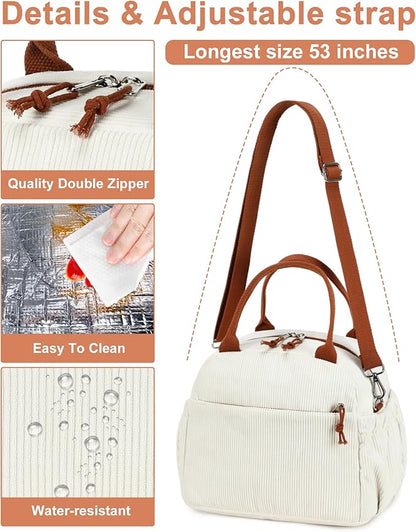 Bluboon Lunch Bag for Women Cute Corduroy Lunch Tote Bags with Shoulder Strap Reusable Insulated Lunch Box Large Capacity Reusable Insulated Cooler for Work Picnic or Travel (13L)