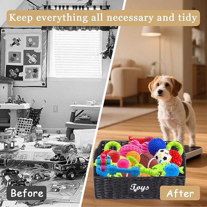 Dog Toy Basket Large Foldable Portable Rattan Dog Toy Storage Organizer for Living Room Bedroom Entryway Floor Corner Pet Toys Basket with Label, Dogs Toys Bin for Cats, Dogs and Pets-Black
