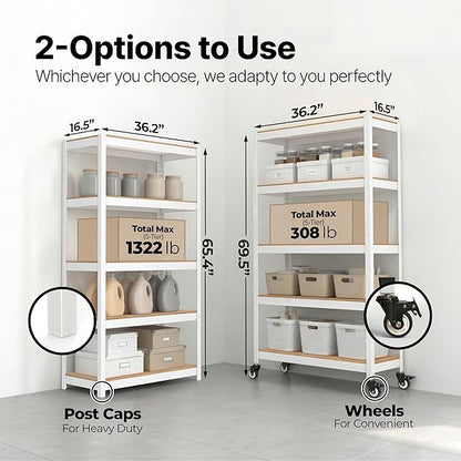 HOMEDANT House 5 Tier Heavy Duty Garage Shelving Adjustable Metal Rack Storage Shelves Standing Shelf Unit Organizers Pantry Closet Office (1, White, (Wheels) 36.2" W x 16.2" D)