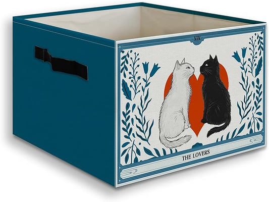 Valentine's Day Cat Toy Basket Foldable Storage Bins Box with Handles, Witchy the Lovers Tarot Card Cats Blue Collapsible Organizer Basket for Bedroom Bathroom Kids Room Clothes Toys Books