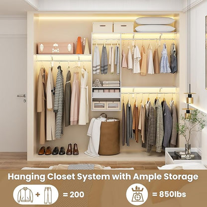 96 Inch Hanging Closet System, 8 FT Closet Organizer System with Hanging Rod, Walk In Mounted Closet System, Built-In Clothes Garment Rack with 3 Shelving Towers(Can Be Cut To Fit), White