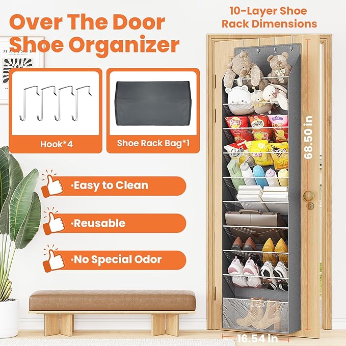10-Tier Over The Door Organizer, Space Saving Hanging Shoes Organizer and Storage Unit, Organizer for Closet, Bedroom, Entryway, Grey