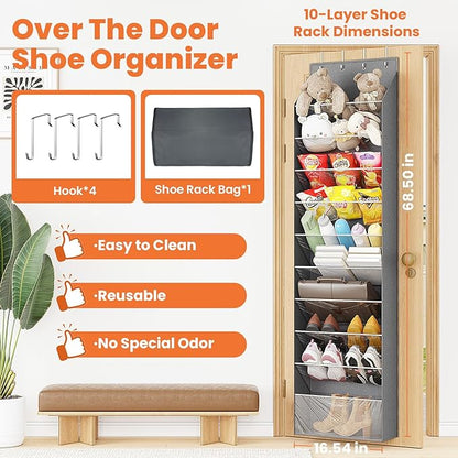 10-Tier Over The Door Organizer, Space Saving Hanging Shoes Organizer and Storage Unit, Organizer for Closet, Bedroom, Entryway, Grey