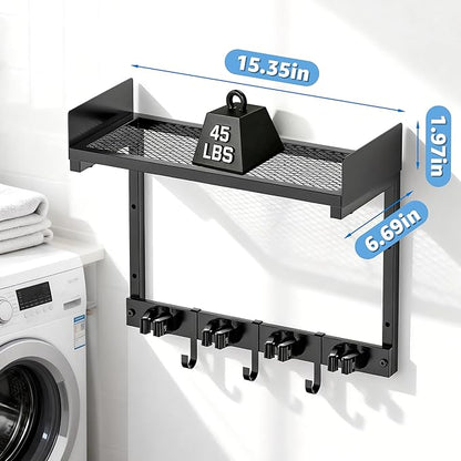 Broom Holder Wall Mount, 15" Large Mop and Broom Organizer Wall Hanging with Top Storage Shelf, Heavy Duty Iron Utility Rack for Laundry Room, Garage, Kitchen, Garden - Black