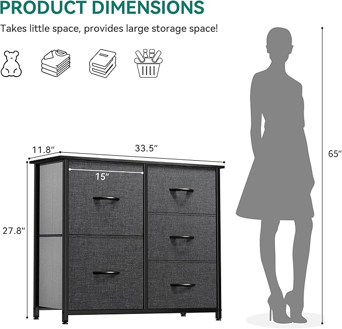 YITAHOME Dresser for Bedroom with 5 Drawers, Wide Bedroom Fabric Dresser with Storage Bins, Clothes Cabinet for Bedroom, Living Room, Hallway, Black Grey