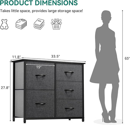 YITAHOME Dresser for Bedroom with 5 Drawers, Wide Bedroom Fabric Dresser with Storage Bins, Clothes Cabinet for Bedroom, Living Room, Hallway, Black Grey