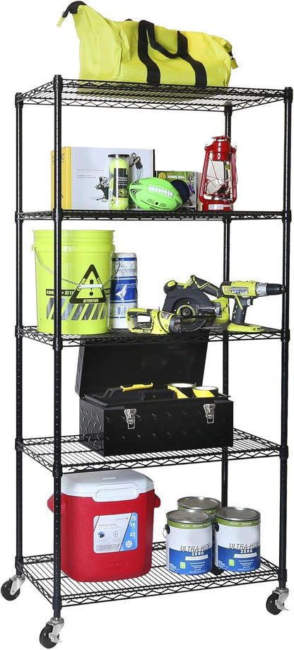 Seville Classics UltraDurable Heavy Duty NSF Solid Steel Wire Rack Storage Unit, Organizer for Garage, Warehouse, Office, Restaurant, Classroom, Kitchen, Black, 5-Tier Shelving, 36" W x 18" D