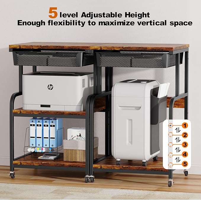 EasyCom Large Printer Stand with Storage Drawer, 5 Adjustable Shelf & 3-Tier Rolling Cart with Industrial Wheels for Desk, Mobile Printer Table for Home Office Fits 3D Printer Scanner Fax Rustic Brown