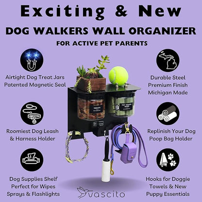Dog Treat Holder for Wall Storage for Pets, Premium Pet Wall Organizer, Includes Two 16oz Airtight Dog Treat Jars, 3 Sets of Triple Hooks, Sturdy Shelf in Modern Black