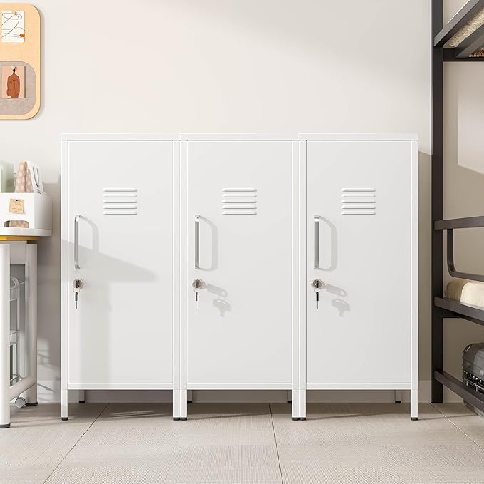 35" Metal Storage Locker, Lockable Employees Metal Locker with Door and Adjustable Shelves, Steel Locker for Home, School, Office, Gym (White)