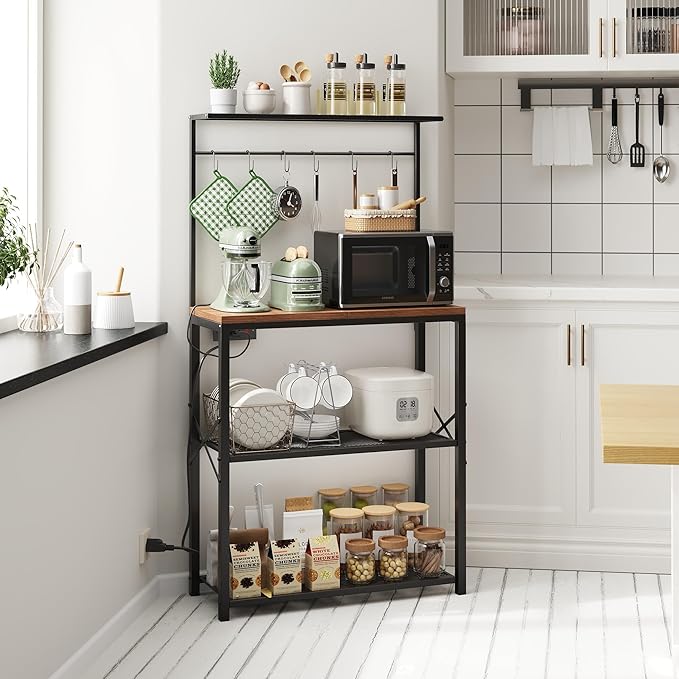 kitchen Bakers Rack with Power Outlet, Coffee Bar Table 4 Tiers, Microwave Stand with 6 S-shaped Hooks, Kitchen Storage Shelf Rack for Spices, Pots and Pans，25.6" L x 12" W x 53.5" H