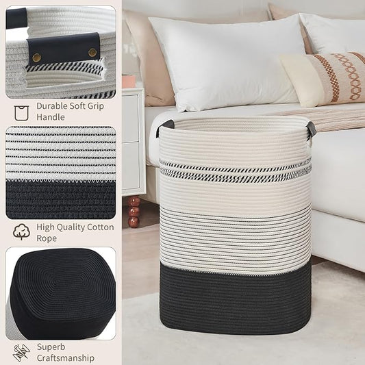 DOFASAYI Laundry Hamper - 85L Large Laundry Basket with Leather Handles, Decorative Storage Basket for Blankets - Clothes Hamper for Living Room, Bedroom, Black & White