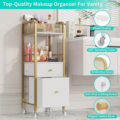 HapiRm Rolling Makeup Cart Organizer - Floor Skincare Make Up Storage with 2 Non-woven Fabric Drawers, Vanity Organizer Cosmetic Display Cases Holder for Skin Care Perfume Nail Polish Brush Hair Tool