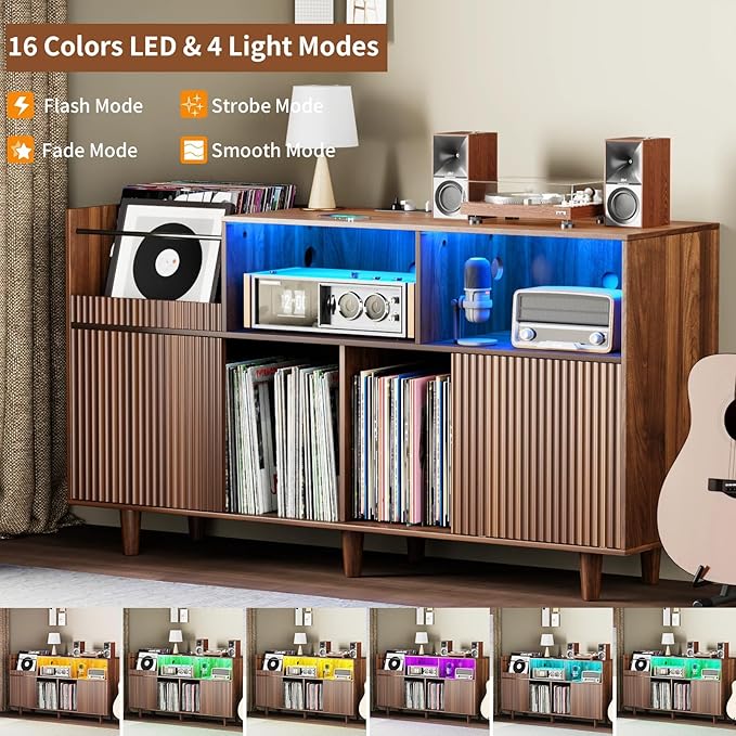 Large Record Player Stand with Power Outlets & LED Lights, Record Player Table Cabinet with Vinyl Record Storage Holds up to 500 Albums, Turntable Stand for Living Room, Bedroom
