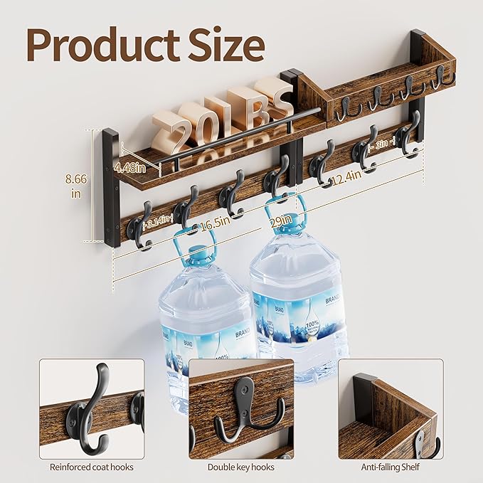 29 inch Coat Rack Wall Mount with Shelf, Set of 2 Entryway Wall Shelf with Hooks, Heavy Duty Coat Hanger Wall Mount with Key Holders and Mail Organizer for Living Room, Bedroom, Black & Brown