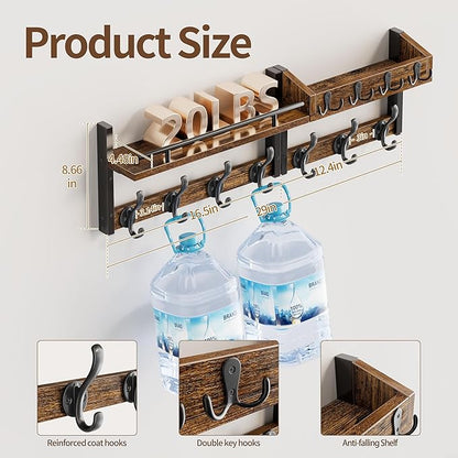 29 inch Coat Rack Wall Mount with Shelf, Set of 2 Entryway Wall Shelf with Hooks, Heavy Duty Coat Hanger Wall Mount with Key Holders and Mail Organizer for Living Room, Bedroom, Black & Brown