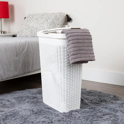 Mind Reader Slim Laundry Hamper with Lid, 40L Clothes Basket, Premium Wicker Design, Plastic, White