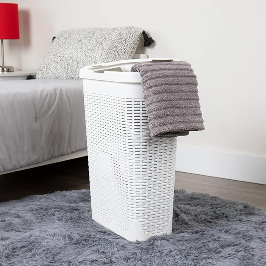 Mind Reader Slim Laundry Hamper with Lid, 40L Clothes Basket, Premium Wicker Design, Plastic, White