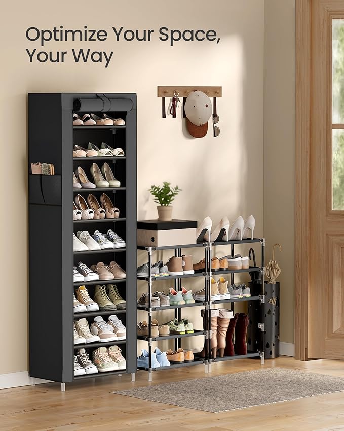 SONGMICS 10-Tier Shoe Rack, Shoe Storage Cabinet with Dustproof Cover, Free-Standing Storage Organizer for Closet, Entryway, Hold 20 Pairs of Shoes, for Sneakers, High Heels, Black URXJ034BH01