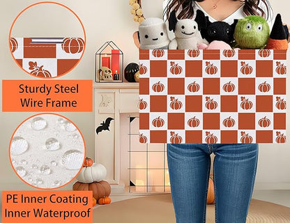 Large Halloween Themed Candy Gift Boo Basket for Kids Baby Personalized Adults Storage Bin Fall Decor(Grid Pumpkin)
