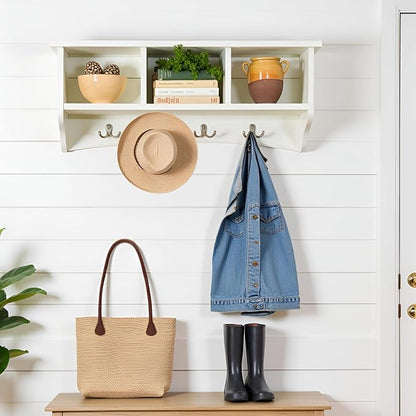 Shaker Cottage 36-Inch Wall-Mounted Coat Rack with 3 Open Shelves – Transitional Entryway Organizer, Mudroom Storage Shelf with 4 Hooks – Space-Saving Wall Storage by Alaterre Furniture (Ivory)