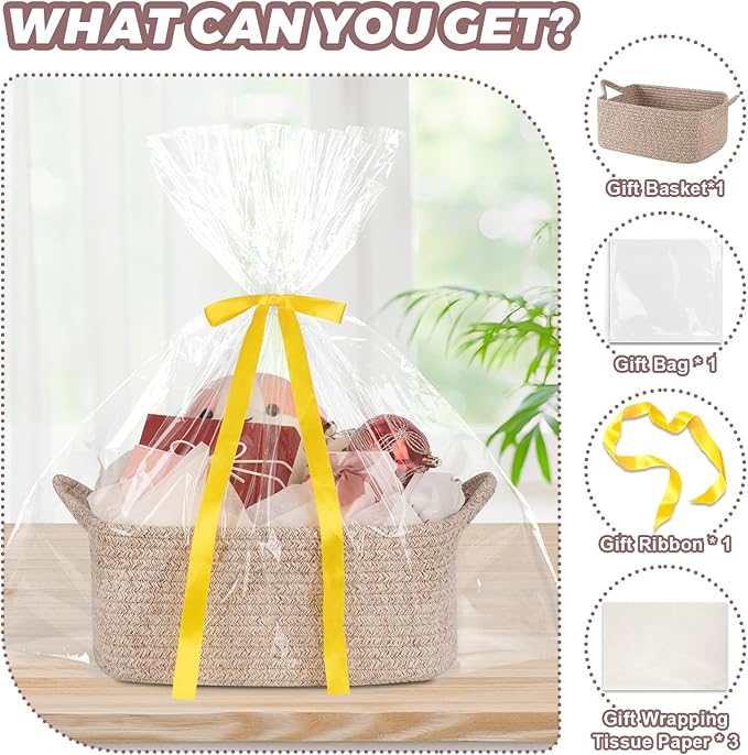 Basket for Gifts Empty, Woven Storage Basket with Gift Bag, Ribbon and Wrap Tissue Paper, Small Rope Toy Storage with Handles for Baby Shower, Dog Toy Organizer, 13.6" x 10" x 5.9”